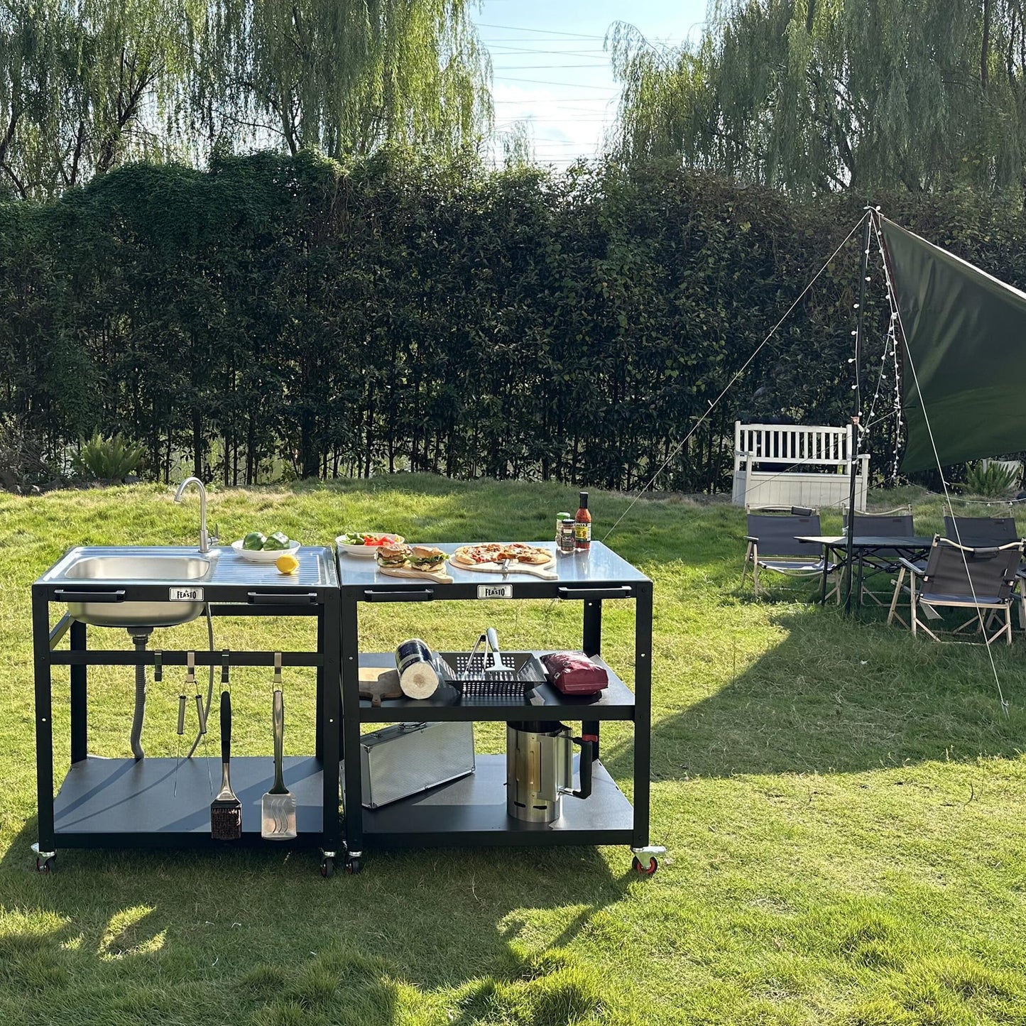 35” Outdoor Grill Cart with Sink, Outdoor Kitchen Sink Station with Hose Hook Up, Free Standing Sink with Wheels, 304 Stainless Steel Sink with Single Bowl, Outdoor Utility Sink with Faucet