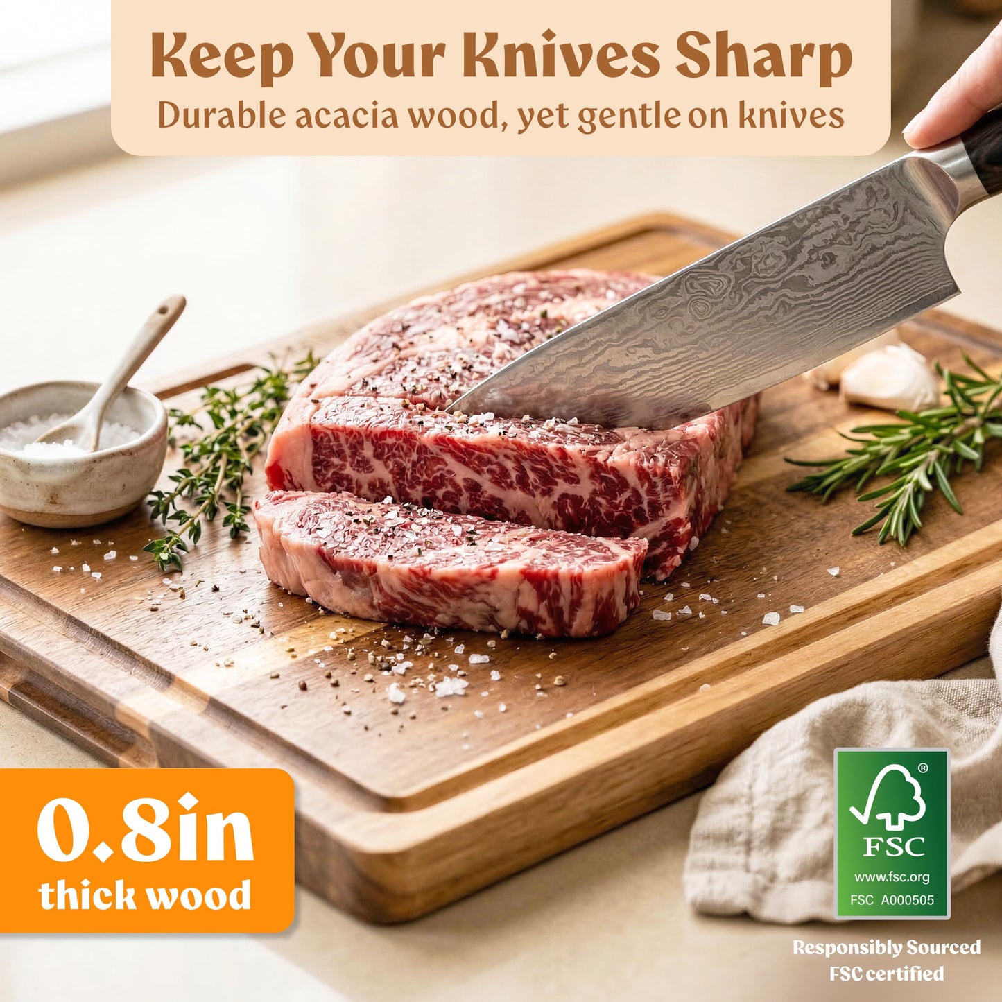 Acacia Wood Cutting Boards for Kitchen, Non-Toxic Chopping Board Set of 3 with Deep Juice Groove for Meat, Cheese & Vegetables - Durable & Double sided with serving Compartments & Holder, Stand