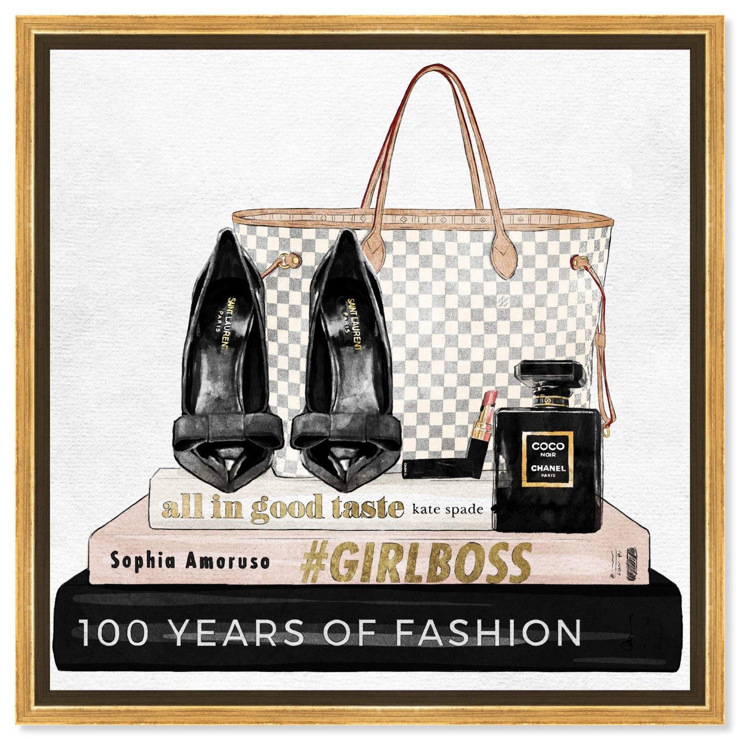 The Oliver Gal Artist Co. Fashion and Glam Wall Art Canvas Prints 'Going Out Books' Shoes Home Décor, 12 in x 12 in, Gold Frame