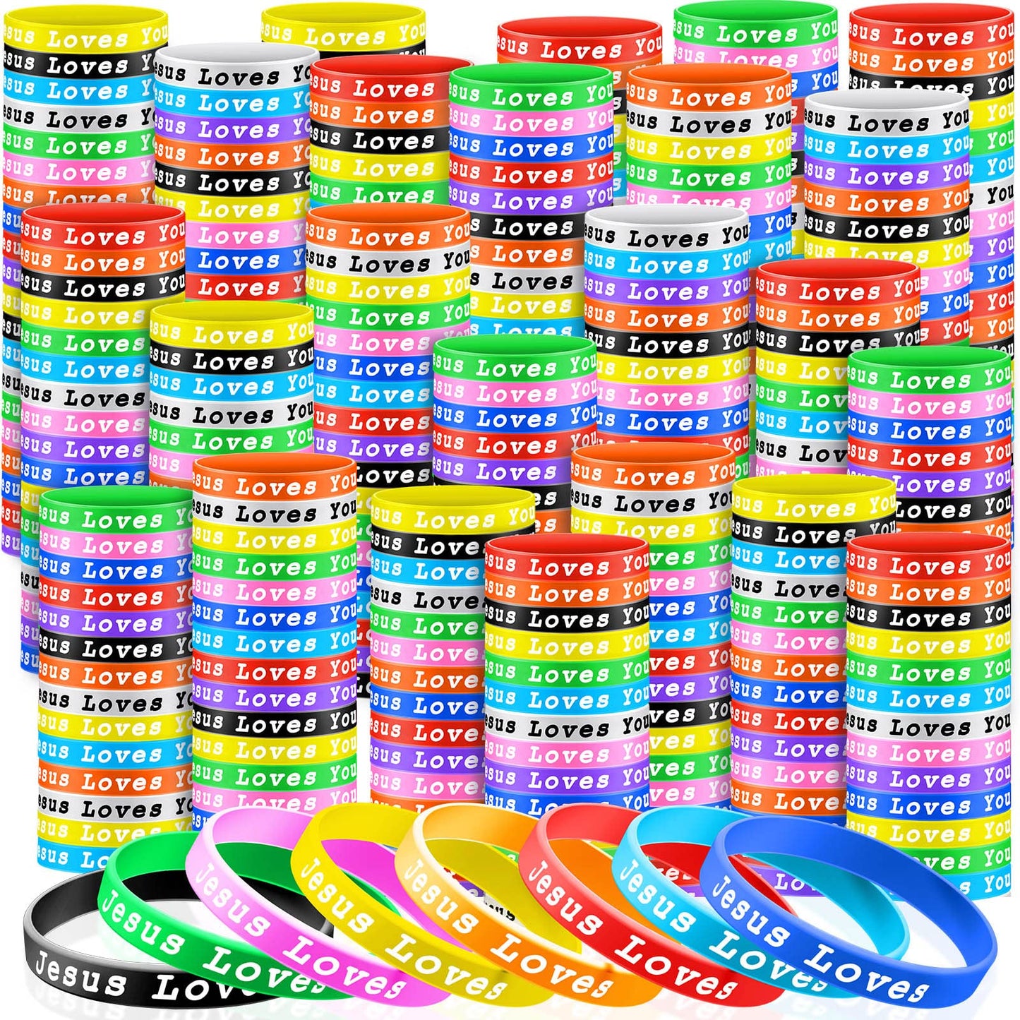 Skylety Jesus Loves You Silicone Bracelets Colorful Christian Jesus Wristbands Christian Rubber Bracelet for Kids Teens Adult Men Women Motivational Wristbands Church School Party Favors(300 Pieces)