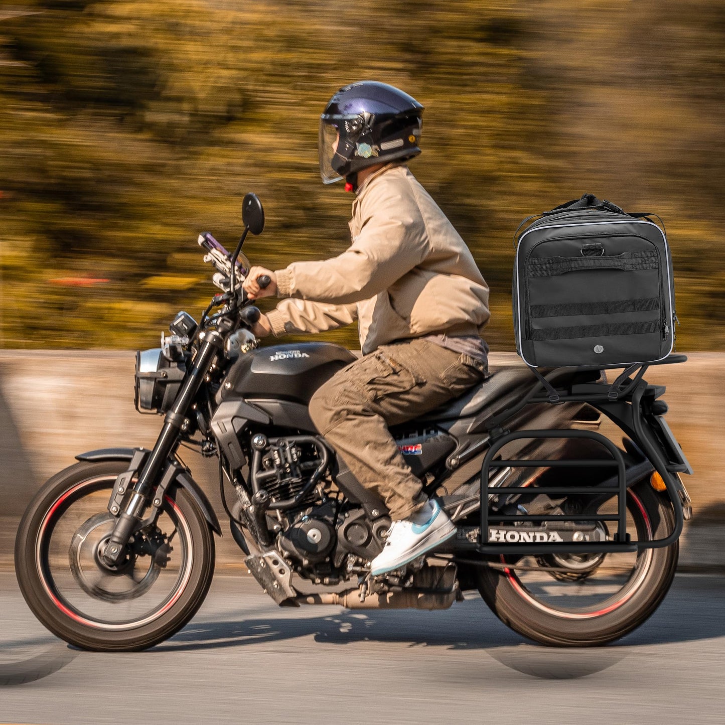 Marscamd Waterproof Motorcycle Tail Luggage Bag, 48L-64L Expandable, a Rain Cover Included, Bag with 4 Rack Mount Straps and Multiple Pockets - Black