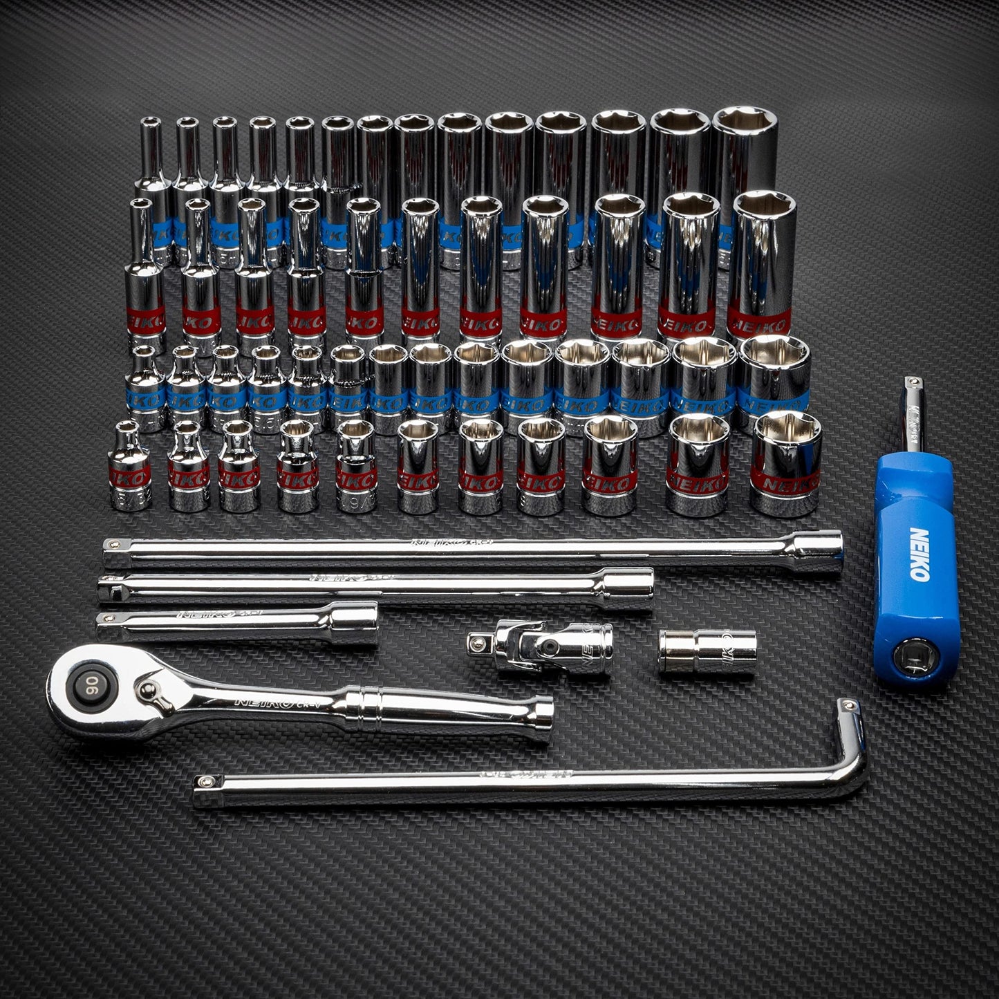 Neiko 02514A 1/4 Inch-Drive Ratchet and Small Socket Set, 58-Piece, Chrome Vanadium Steel, Multi-color