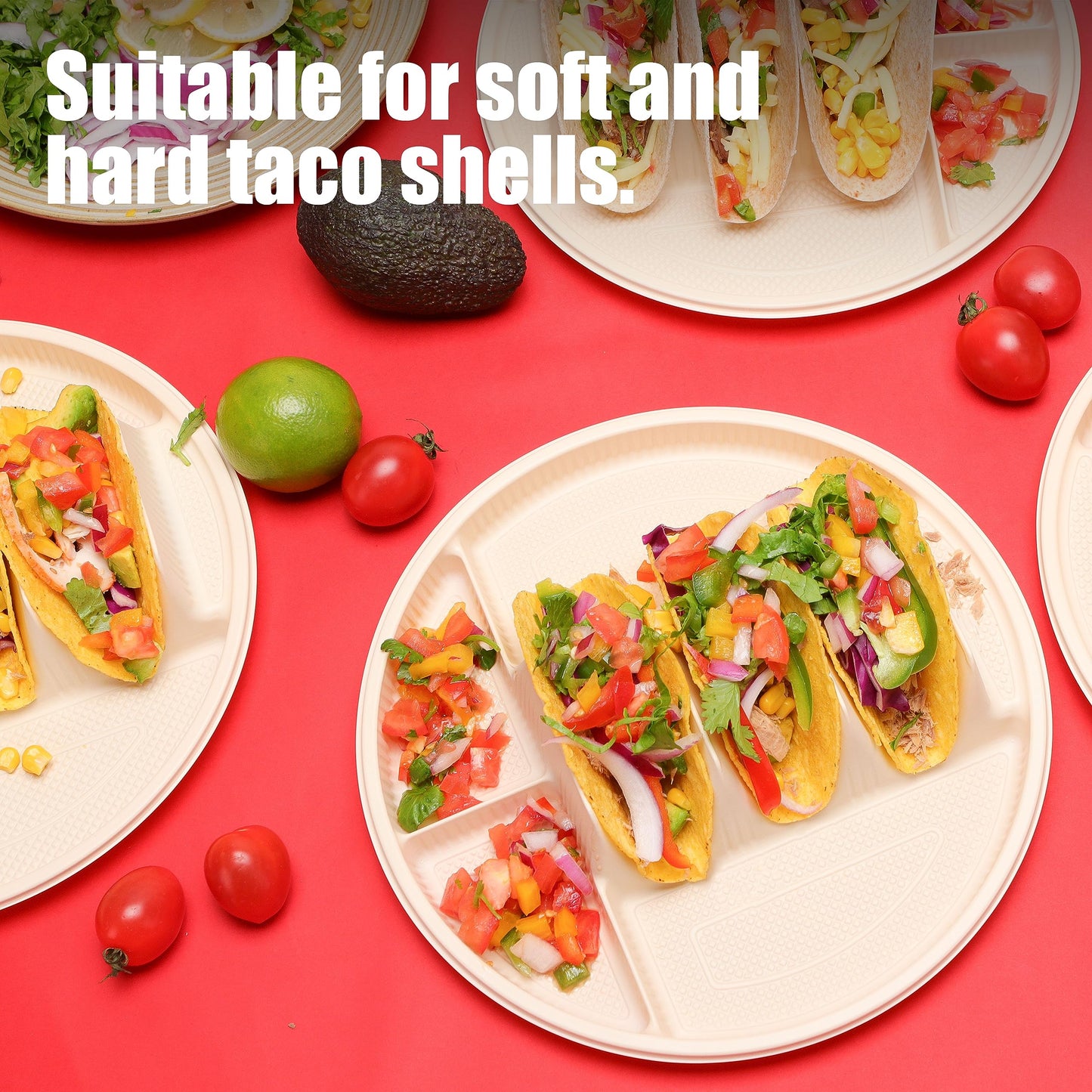 Large Disposable Taco Plates with Room for Sides, Biodegradable Cornstarch, Fits 6-8 Inch Soft or Hard Tortillas, Perfect for Taco Tuesdays, Party, Night, Bar, and Fiesta, Microwave Safe – 60 Pack