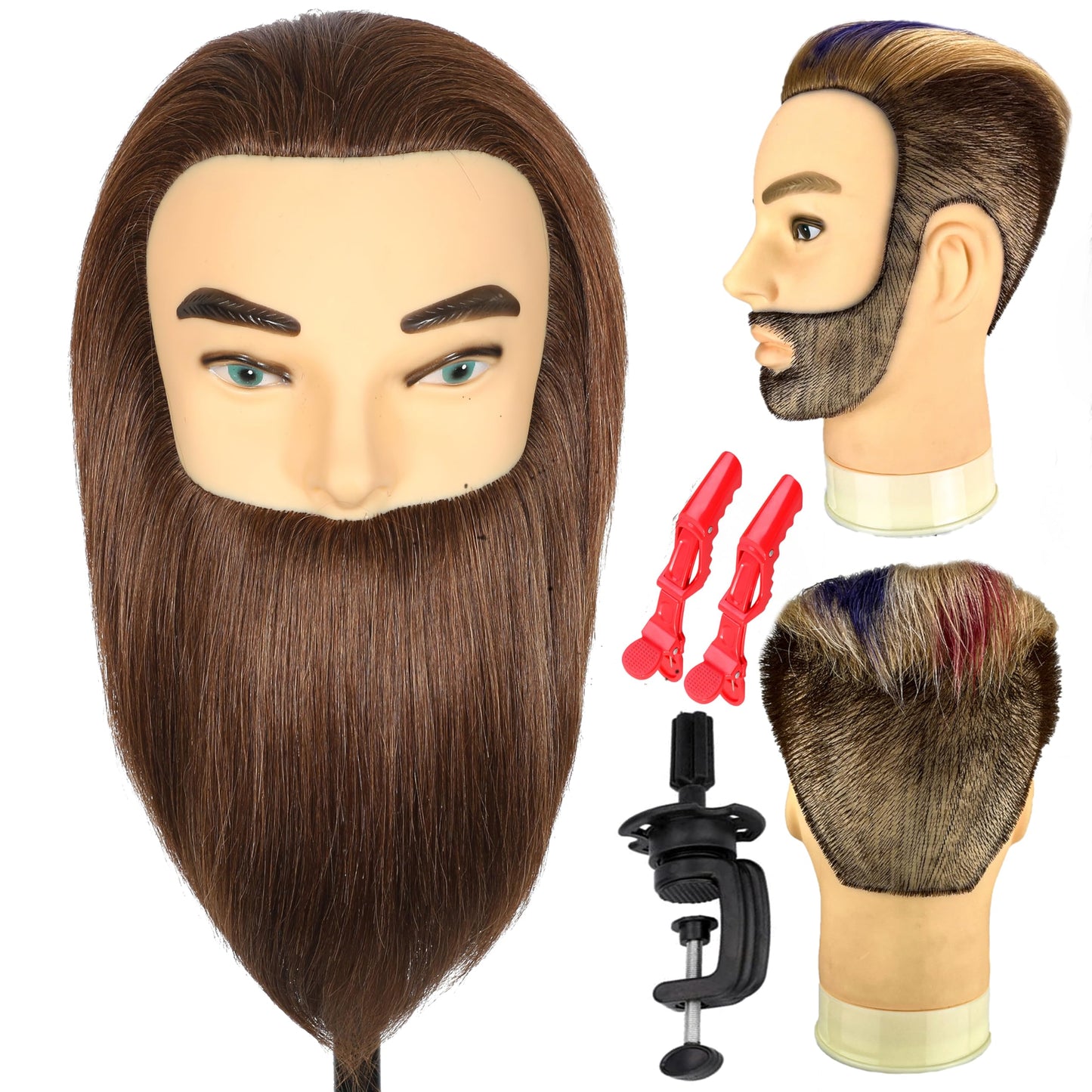 Male Mannequin Head with Beard 100% Real Human Hair Haircut Training Head for Cosmetology Straight Thick Hair Manikin Head Doll Head with Stand Practice Cutting Styling,Barber Shop,Cosmetology School