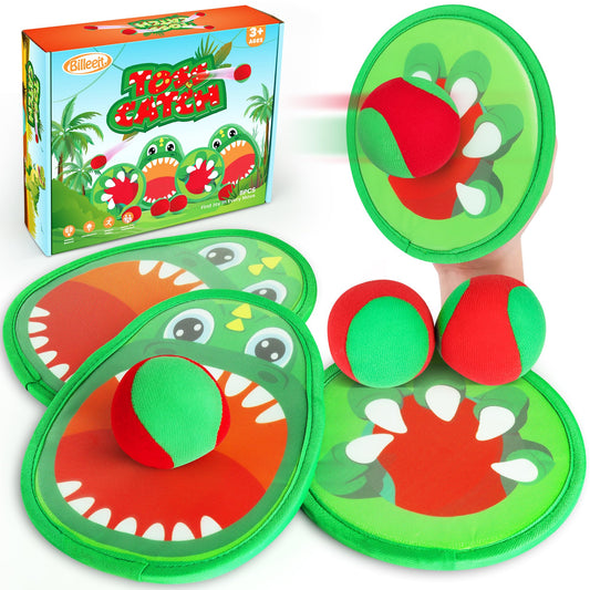 Billeeit Big Dinosaur Toss and Catch Ball Set, Catch Game Toys for Kids 3+ 4 5 6 7 8, Backyard Lawn Game Toys with 4 Rackets, 4 Balls, 1 Drawstring Bag for Christmas