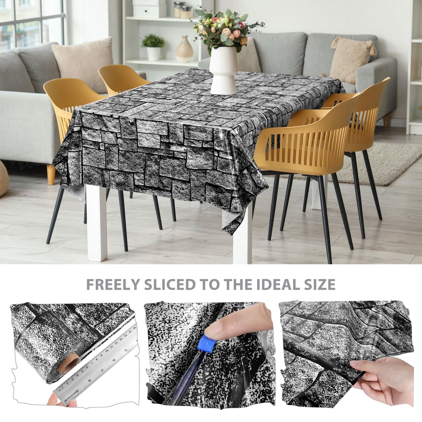 Kochorie 100 Ft X 54 Inch Stone Wall Tablecloth Roll with Cutter Box Disposable Plastic Stone Table Cover Medieval Stone Brick Table Cloth Dirt Floor Wall Backdrops for Farm Wedding Birthday Party