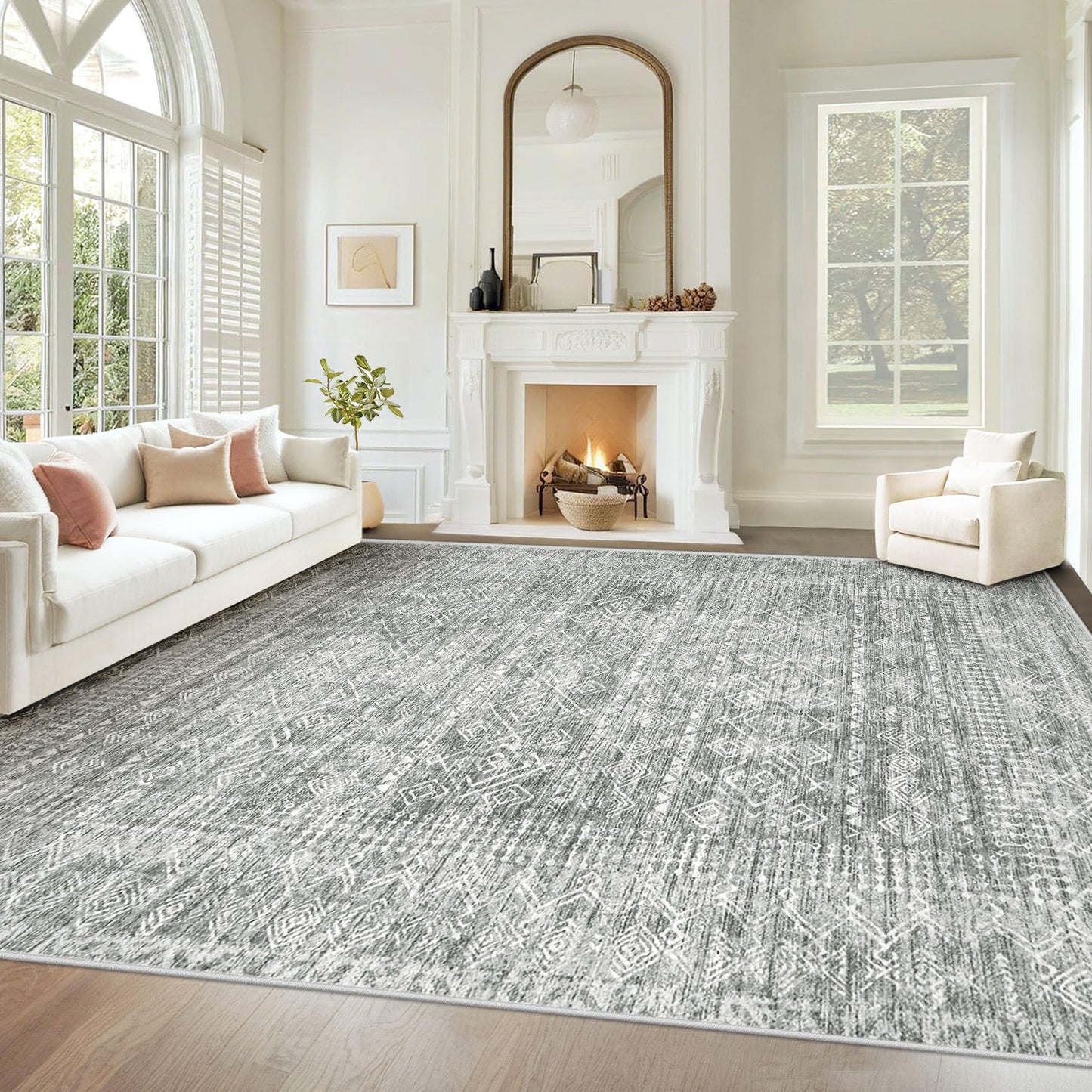 Living Room Rugs 8x10: Washable Moroccan Geometric Boho Rug Farmhouse Non Slip Stain Resistant Large Rug Low Pile Soft Carpet for Bedroom Dining Room Children Room (Grey,8'x10')