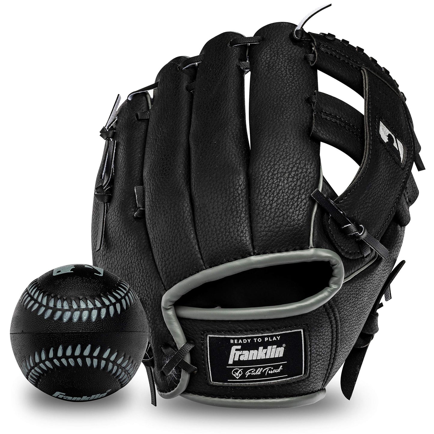 Franklin Sports Tee Ball Glove - RTP Fielding Glove - MLB® Synthetic Leather Baseball Glove - Ready to Play Glove (RTP) - 9.5 Inch Right Hand Throw - MLB® Black with Ball