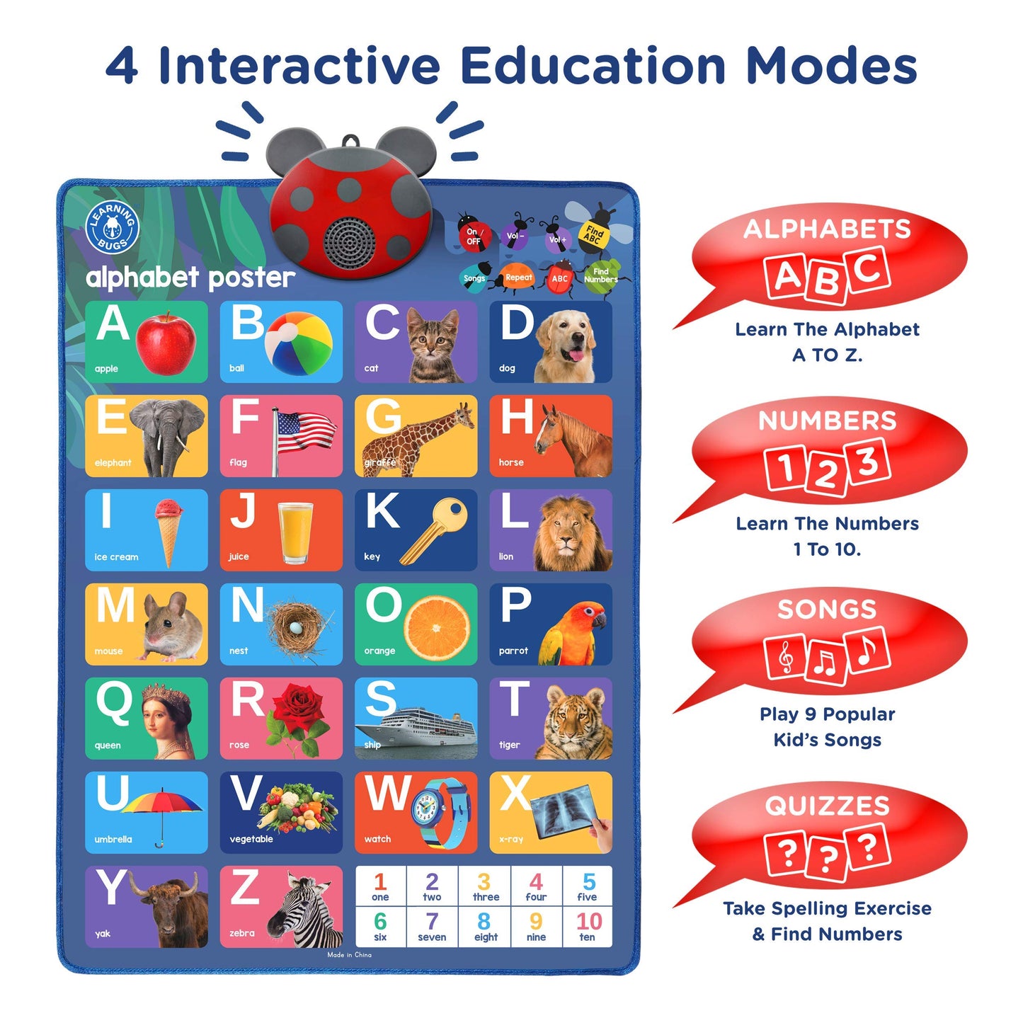 Learning Bugs Interactive ABC & 123s Talking Poster & Musical Wall Chart, Educational Toys for Toddlers