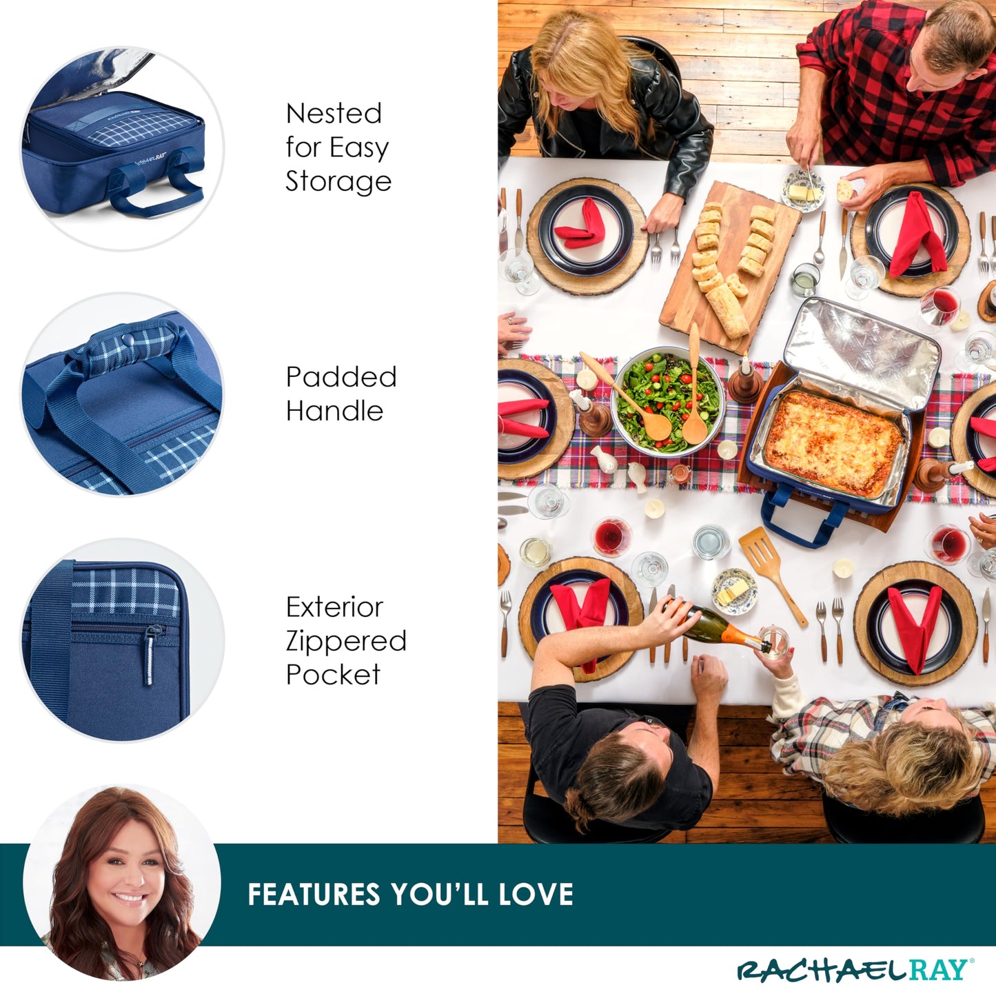 Rachael Ray Lugger Duo, Insulated Casserole Carrier for Hot or Cold Food, Thermal Lasanga Lugger Tote for Potluck, Parties, Picnic, and Cookouts, Fits 9" x 13" Baking Dish, Navy Gingham
