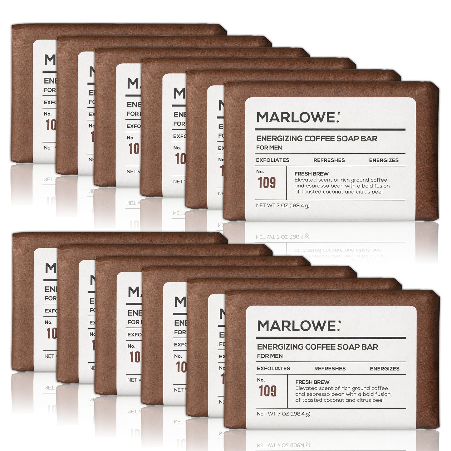 MARLOWE. No. 109 Coffee Bar Soap 7 oz (12 Bars), Body Scrub Soap for Men, Refreshing, Energizing, Exfoliating Soap with Natural Extract, Caffeine, Coffee Bean & Cocoa Butter, Fresh Brewed Coffee Scent