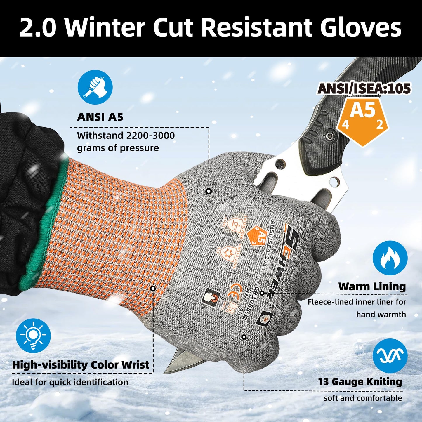 Schwer 12 Pairs Winter Work Gloves, ANSI A5 Cut Resistant Gloves with PU Coating, Freezer Glove for Outdoor Cold Weather, Thermal Insulated, Non Slip, Durable, L, CR3088-W