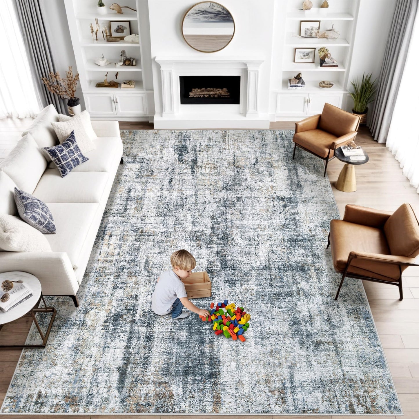 8x10 Area Rugs for Living Room: Washable Abstract Soft Rugs Non Slip Modern Stain Resistant Low Pile Carpet for Dining Room Bedroom Nursery Office (Multi Blue, 8'x10')