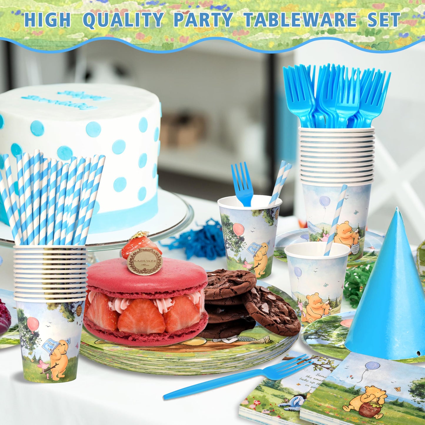 Vistico 300 Pcs Winnie Bear Baby Shower Plates and Napkins Tableware Set, Plates Napkins Cups Straws and Forks Sets, Winnie Baby Shower Decorations Birthday Party Supplies, Serves 50 Guests