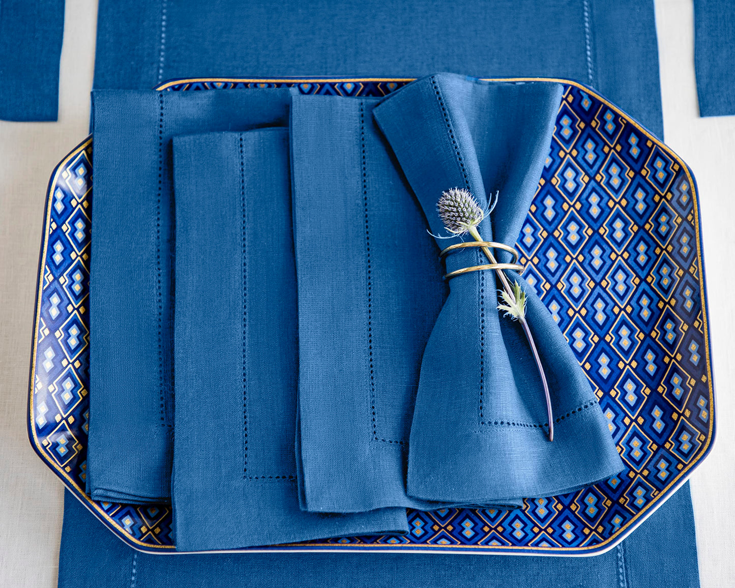 Solino Home Linen Napkins Set of 4 - Classic Hemstitch 100% Pure Linen Indigo Blue Dinner Napkins Cloth 20 x 20 Inch for Summer - Handcrafted and Machine Washable