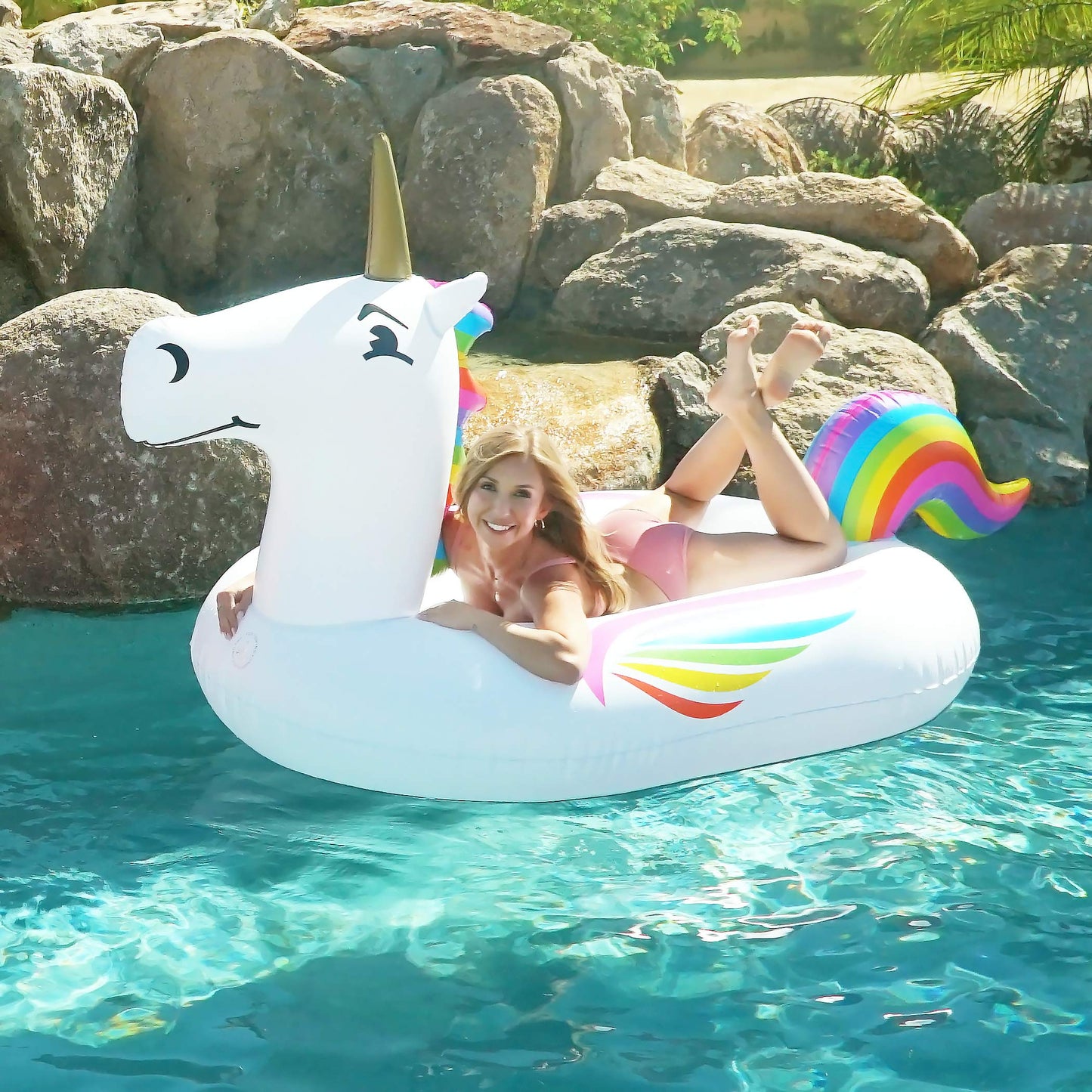 GoFloats Giant Inflatable Pool Floats - Choose Unicorn, Dragon, Flamingo, Swan, or Bull - Includes Drink Float