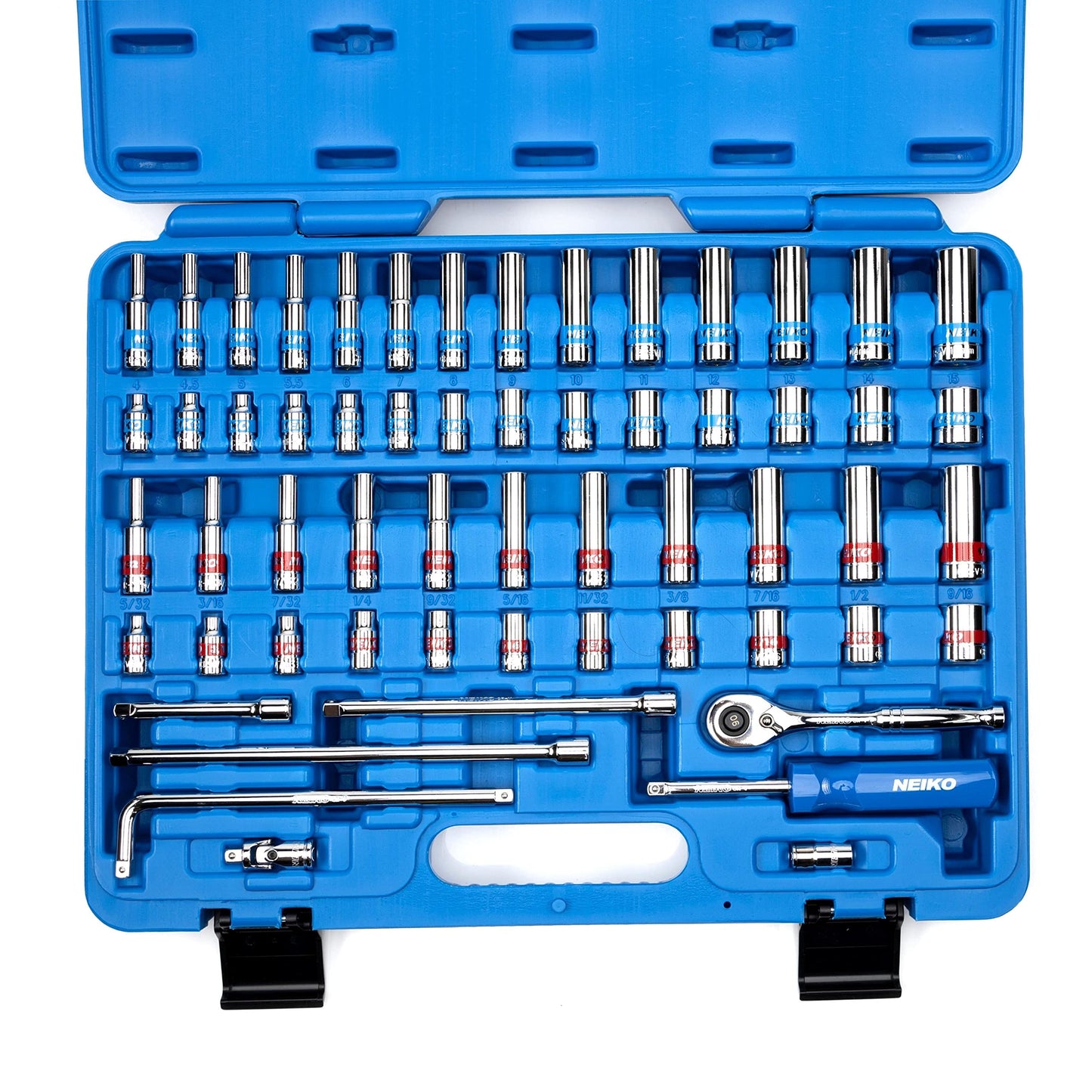 Neiko 02514A 1/4 Inch-Drive Ratchet and Small Socket Set, 58-Piece, Chrome Vanadium Steel, Multi-color