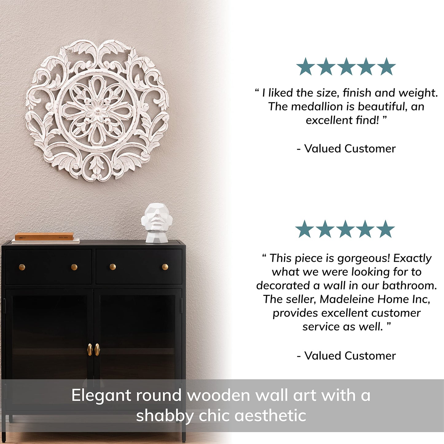 MH London Charles Wall Medallion - Large Wood Wall Art, Exclusively Designed, Hand Carved, Contemporary White Design for Living Room, Bedroom and Kitchen