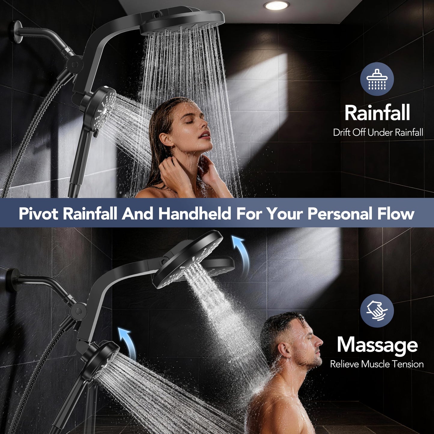 High Pressure Rain Showerhead Combo, 2026 Magnetic Shower Head Set with Detachable 8-Mode Handheld Shower Spray, Adjustable Angle Dual Shower Niche System with Built-in Magnetic Docking and Power Jets
