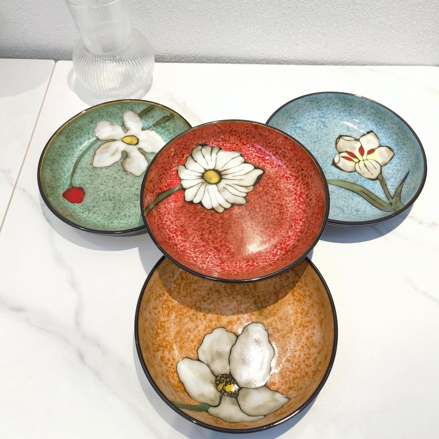 Ceramic Deep Plates For Kitchen, 8.5 in - Plates Set of 4 - For Steak,Salad, Pasta,Appetizer, Serving etc - Dishwasher, Microwave, and Oven Safe - For Breakfast, Lunch and Dinner (Red+Blue+Pink+Green)