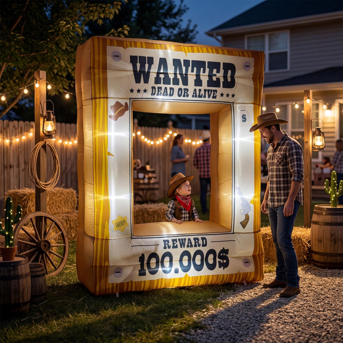 Western Party Decorations 7FT Inflatable Wanted Poster Frame, Rodeo Party Decorations, Wild West Party Backdrop with Western Photo Booth Props for Cowboy Birthday Party