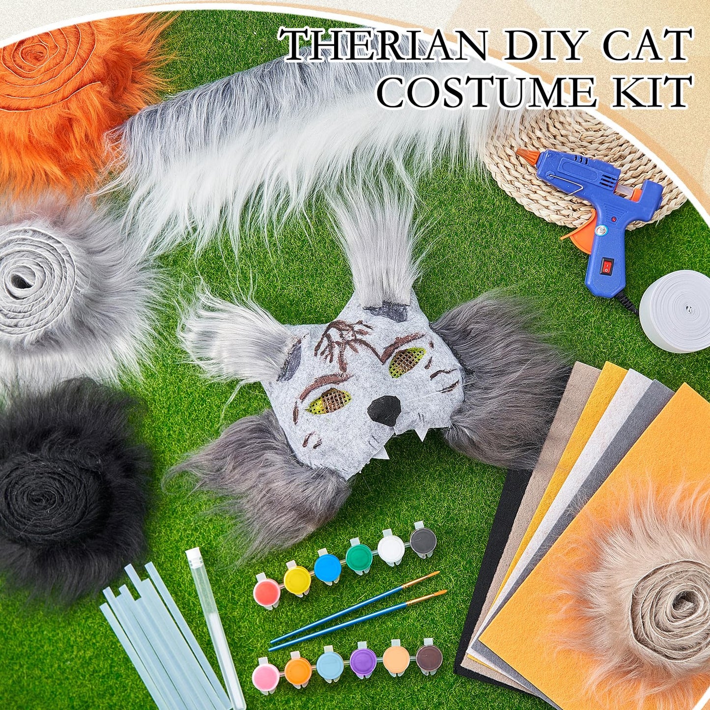 Seenelling 33 Pcs Therian DIY Mask Kit for Beginners Including Blank Cat Mask Faux Fur Fabric Felt Fabric Plastic Mesh Sheet(Warm Colors)