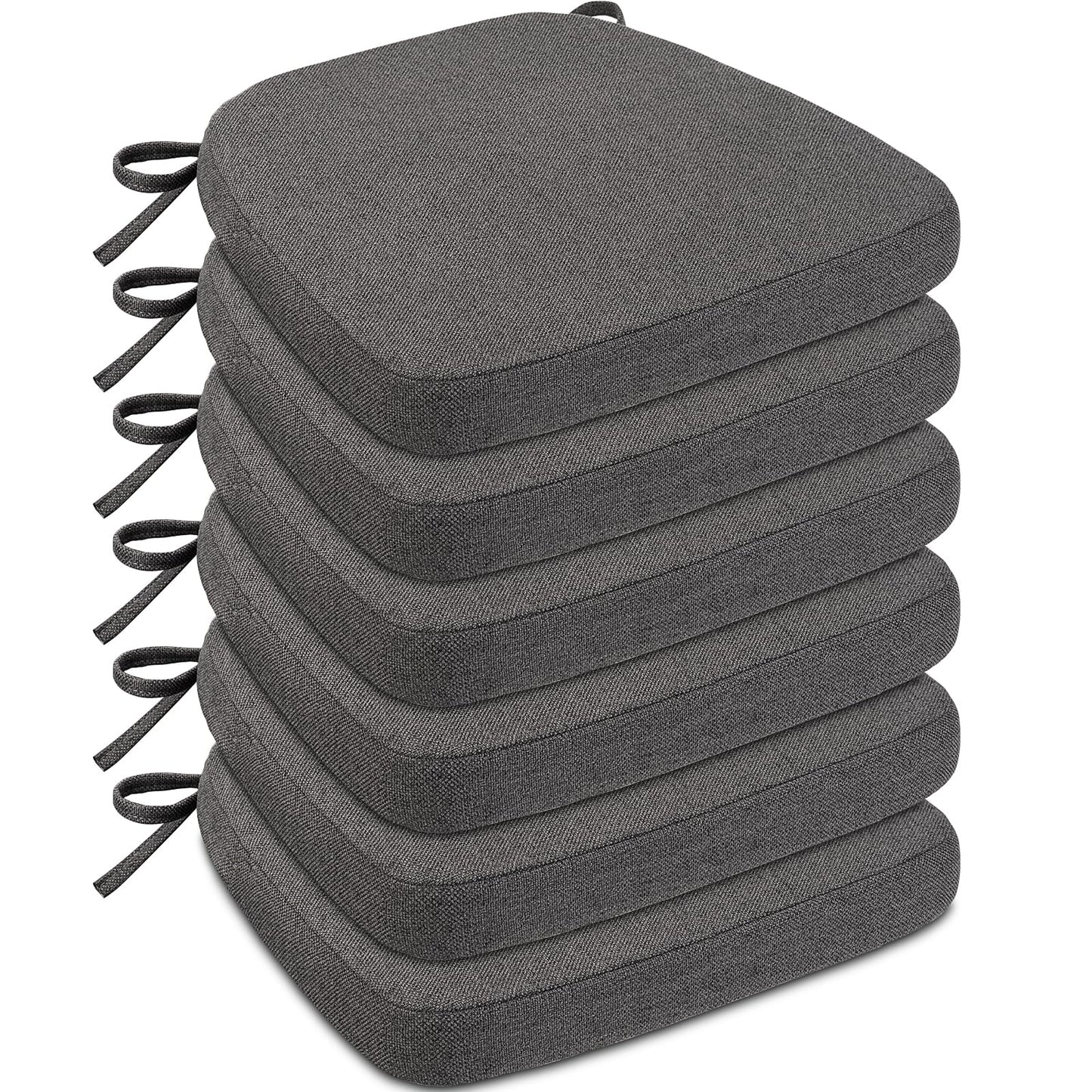 Sunsleek Chair Cushions for Dining Chairs, D-Shaped Seat Cushions with Removable Washable Cover and Ties, Chair Pads for Kitchen, Indoor Dining Room, Patio Chairs, 17'' x 16'', Set of 6, Dark Grey