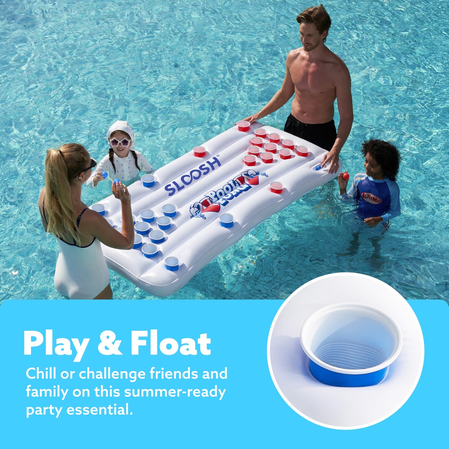 SLOOSH Inflatable Pool Pong Table Lounge, Pool Games for Adults 6x3 FT Pool Floats, Pool Pong Party Floating Raft Toys with10 Pong Balls for Pool Party