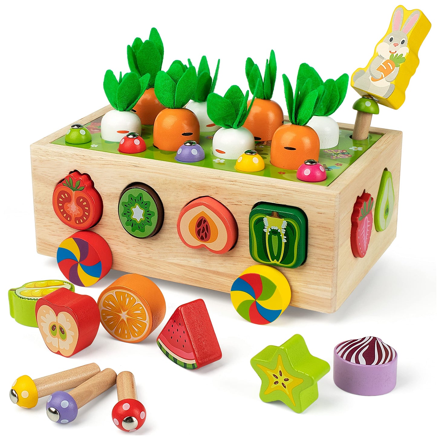 Coogam Montessori Fine Motor Toys for Baby Toddler, Wooden Shape Sorter Carrot Harvest Game, Preschool Learning Educational Gift Toy for Kids