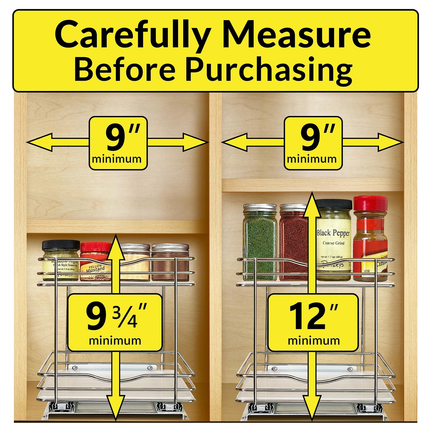 LYNK PROFESSIONAL® Pull Out Spice Rack Organizer for Inside Kitchen Cabinets - 8-1/4 inch Wide - Slide Out Drawer – Chrome Sliding Spice Cabinet Organization Shelf Racks - 2 Tier