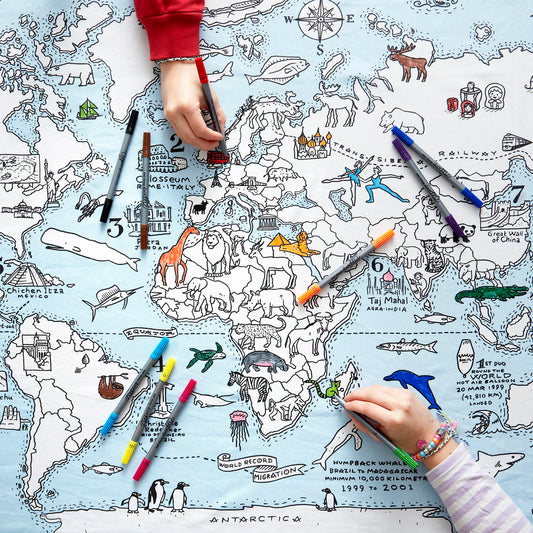 Doodle World Map Tablecloth, Color Your Own Tablecloth, Coloring Tablecloth with Washable Fabric Markers