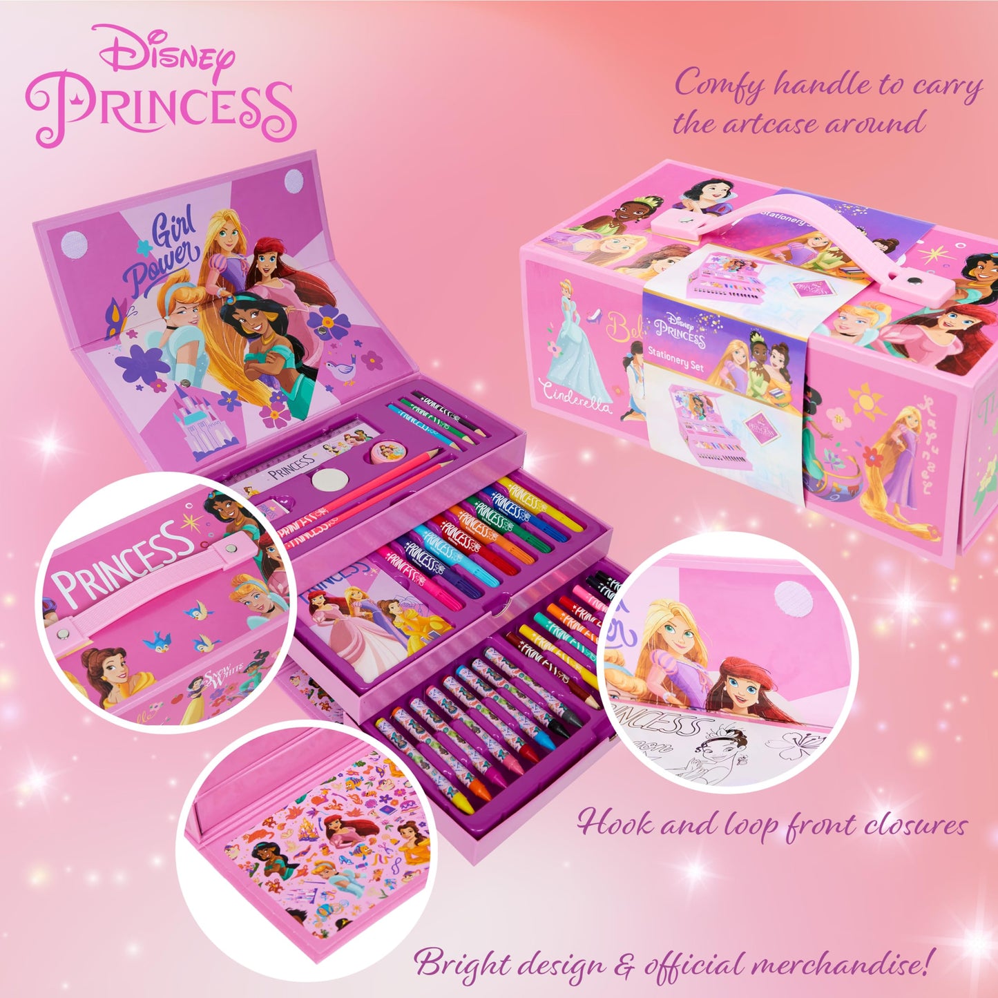 Disney Kids Coloring Pencils Markers Crayons Art Supplies in Box - Kids Gifts (Pink Princesses)