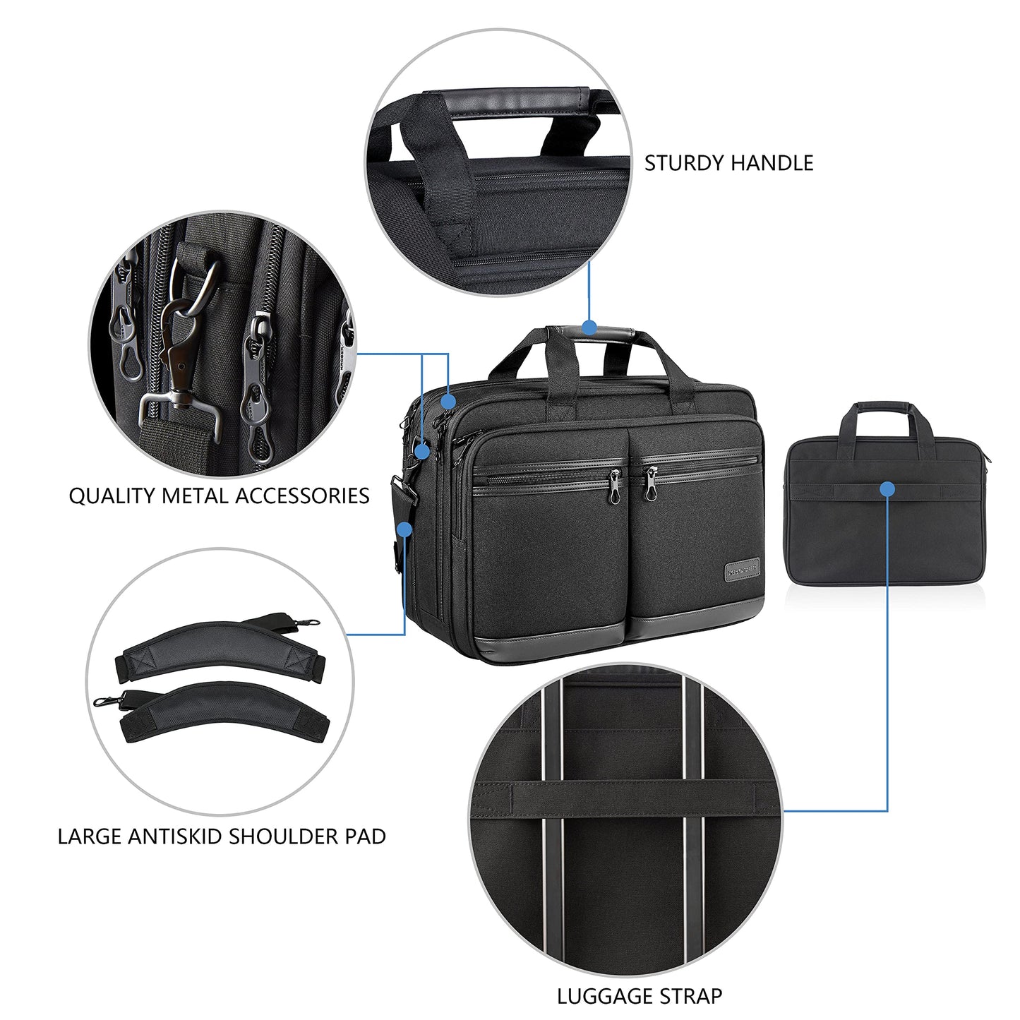 KROSER Laptop Bag Stylish Laptop Briefcase Fits Up to 17.3 Inch Expandable Water-Repellent Shoulder Messenger Bag Computer Bag with RFID Pockets for Business/Travel/College/Men/Women-Black