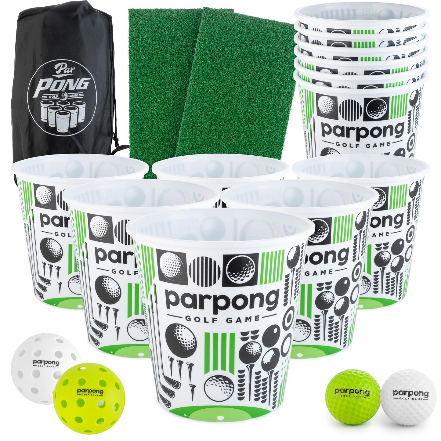 VULCANO SPORTS Par Pong Backyard Golf Chipping Game – Outdoor Golf Game with 12 Buckets, 2 Hitting Mats & Golf Balls – for Adults, Tailgating, BBQ, Parties & Gifts for Golfers.