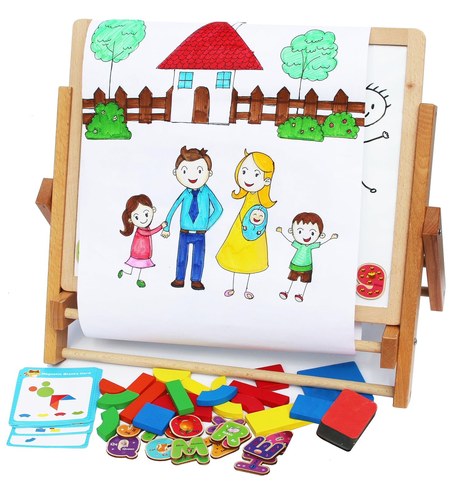 Wooden Easel for Children Foldable Double Magnetic Boards Magnetic Shapes Letters Numbers and Paper roll Kids Art Easel -Table Top Magnetic Board for Kids