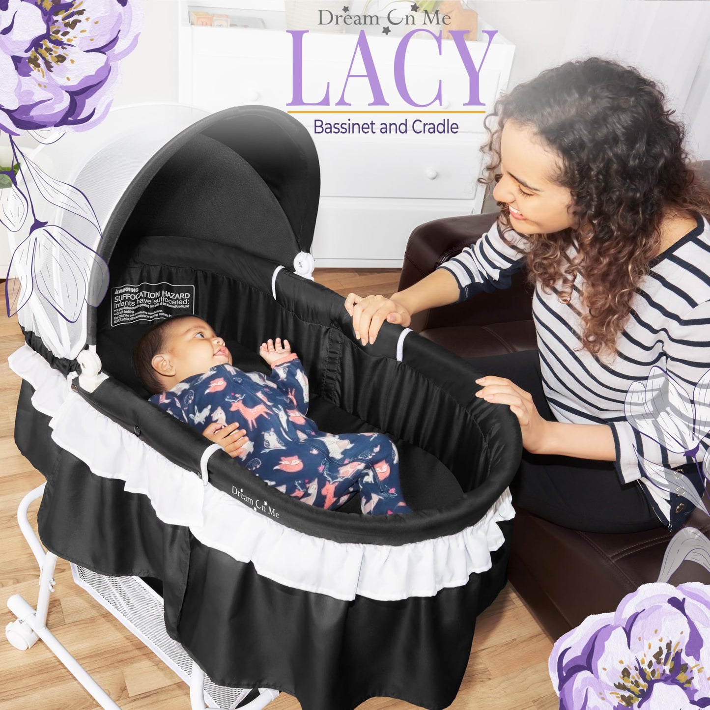 Dream On Me Lacy Portable 2-in-1 Bassinet & Cradle with Full Canopy, Storage Basket, Locking Wheels, Lightweight Frame, BSA Certified, Includes 1” Mattress Pad -Black