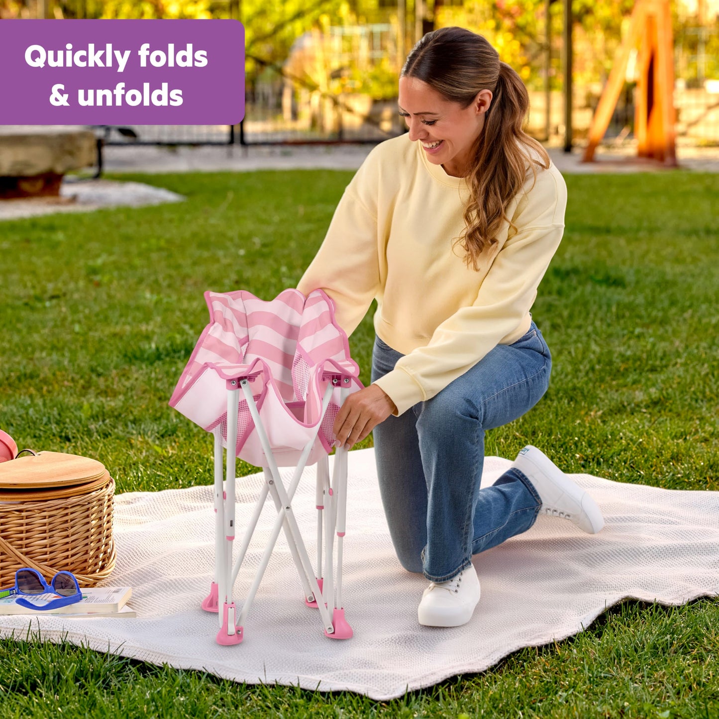 Bright Starts Pop ’N Chill Baby Chair Travel Seat, Indoor/Outdoor Use, Portable Infant Seat with Removable UPF 50+ Canopy, Pink, 0-6 Months