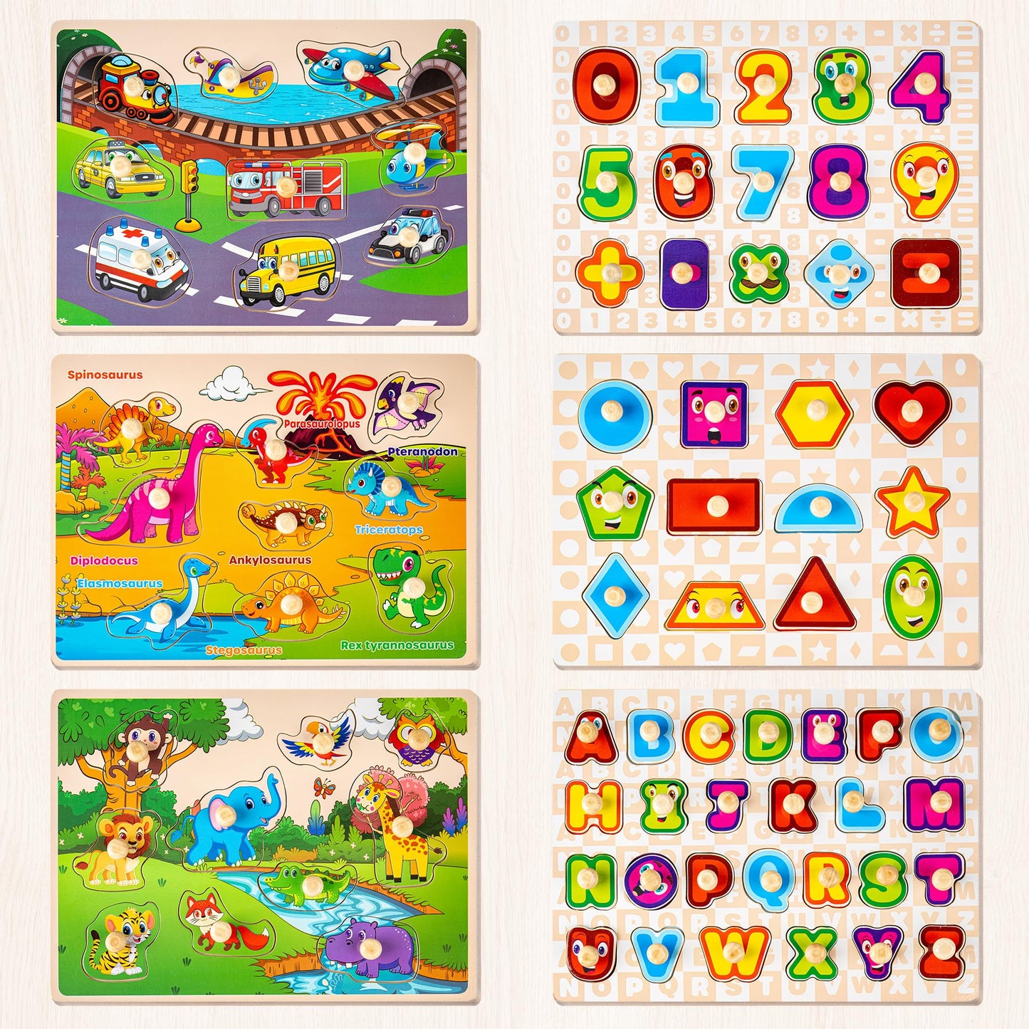 SYNARRY Wooden Puzzles for Toddlers 1-3, 6XSET Puzzles for Toddlers 2-4 with Rack, Learning Alphabet Number Animal Dinosaur Vehicle Gifts for Kids, Education Toys for 2 3 Years Boys Girls