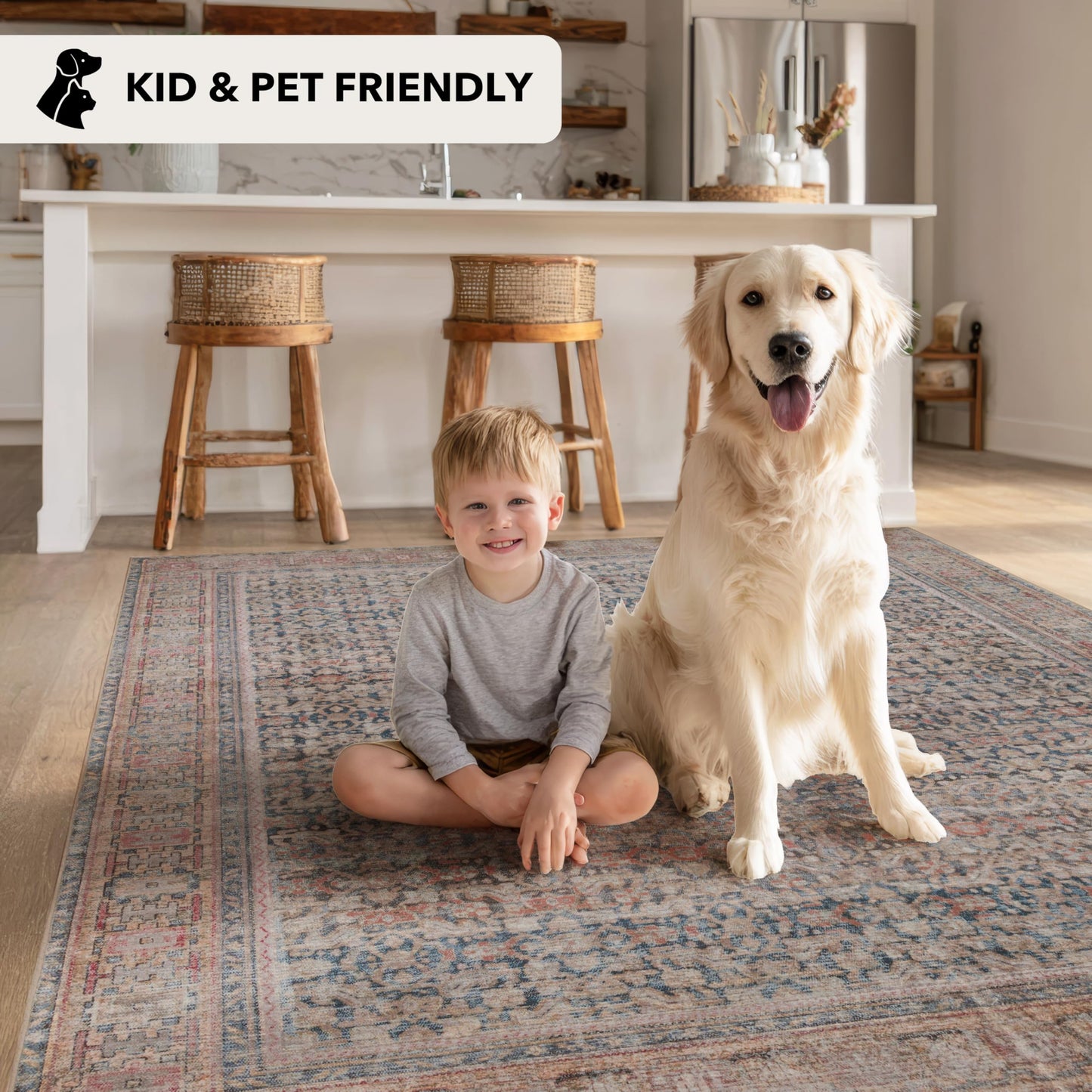 Kuden 5x7 Area Rug, Machine Washable Area Rug with Non-Slip Backing, Vintage Style, Soft, Easy Clean, Low Pile Rug for Living Room, Bedroom, Dining Room