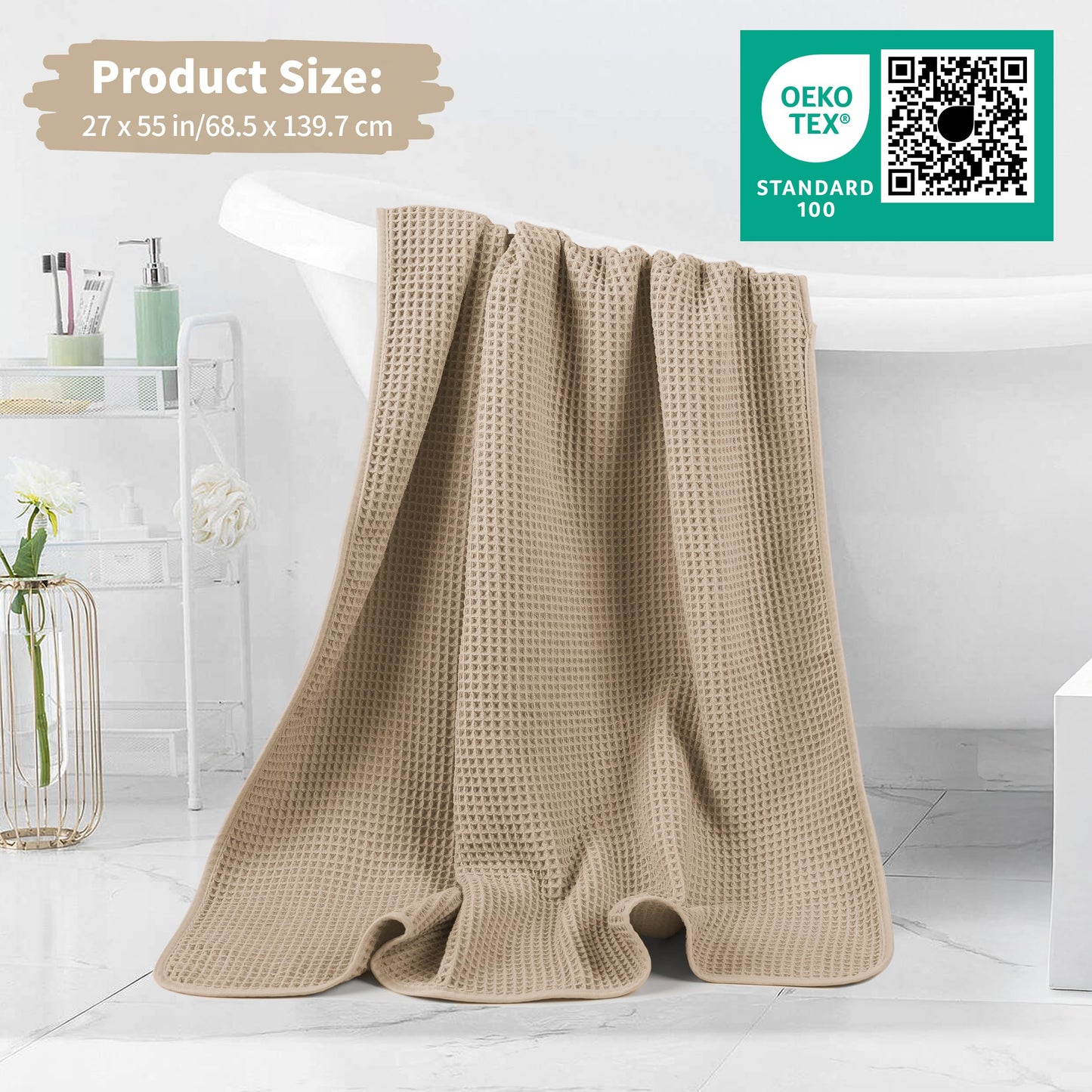 Microfiber Waffle Bath Towels, 4 Pieces, Soft, Absorbent, Fast Drying, Lint Free 430 GSM (Beige)