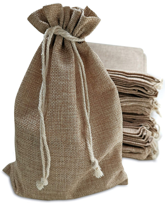 50 Burlap Bags with Drawstring, 7x10 Inch Rustic Gift Bag Bulk Pack for Mugs, Mason Jars, Christmas, Advent, Holiday Gift Bags, Wedding and Birthday Party Favor Bags, Grocery, Gift Wrap and Treat Pouches