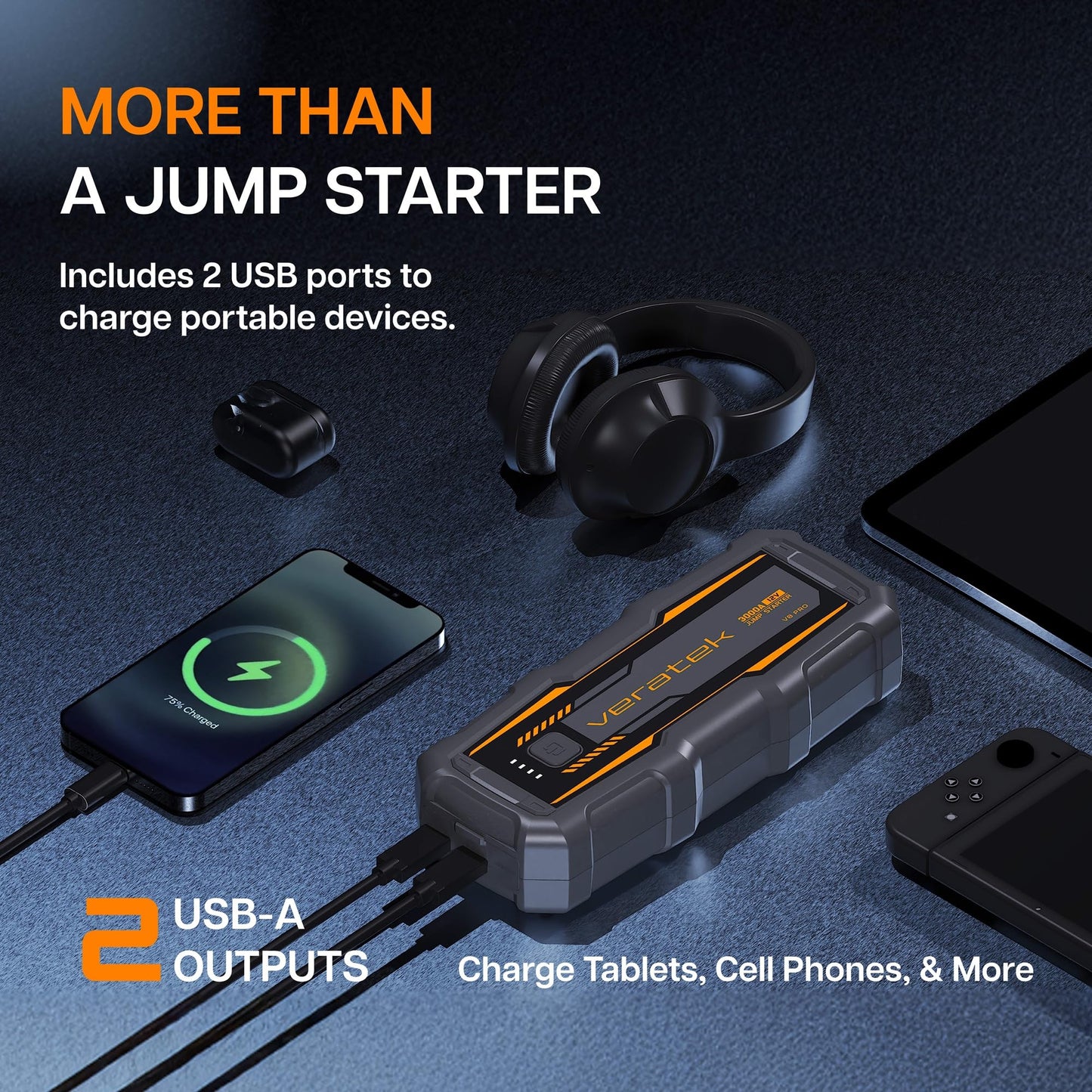 ReelCharge V8 Pro 3000A Car Battery Jump Starter Portable (8.0L Gas & 6.0L Diesel) – 12V Lithium Battery Booster Pack with SmartCharge Safety, Jumper Cables, 20000mAh Power Bank, Jump Box, LED Light