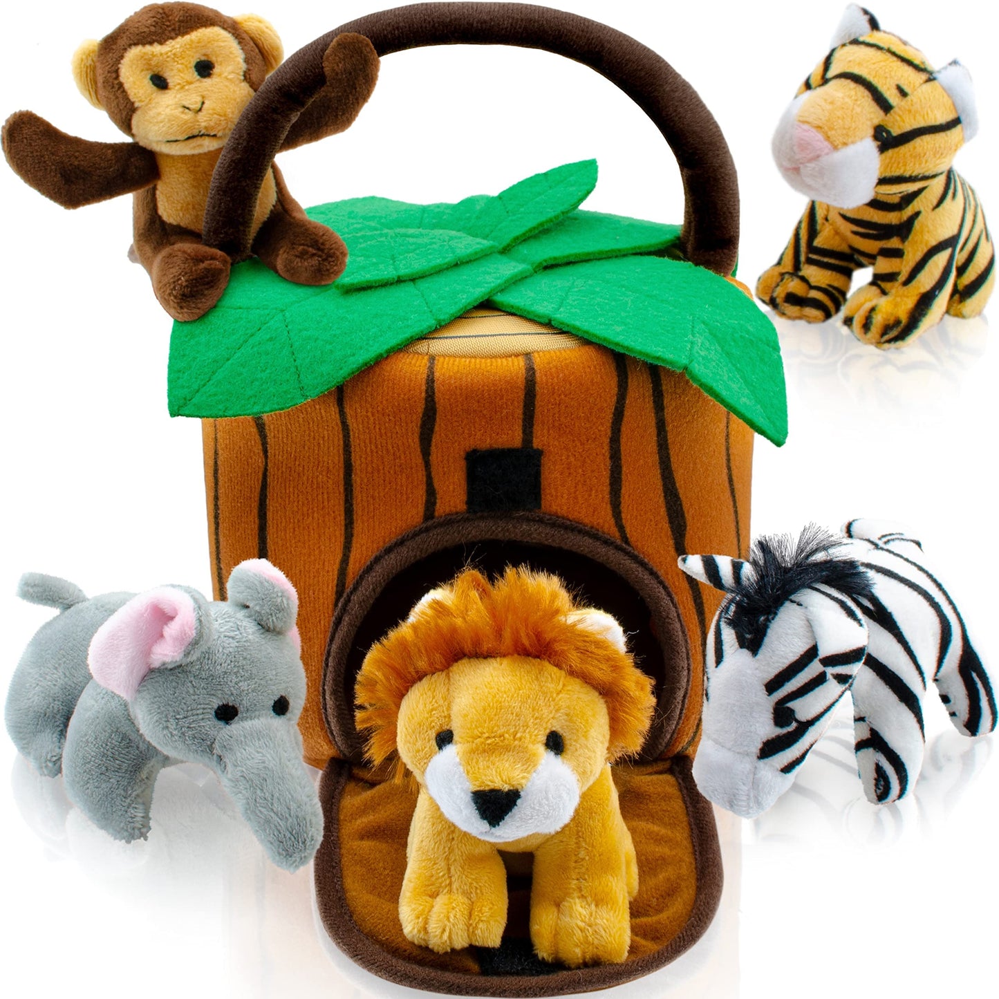 Play22 Plush Talking Stuffed Animals Jungle Set - Plush Toys Set with Carrier for Kids Babies & Toddlers - 6 Piece Set Baby Stuffed Animals Includes Stuffed Bear, Elephant, Tiger, Lion, Zebra, Monkey
