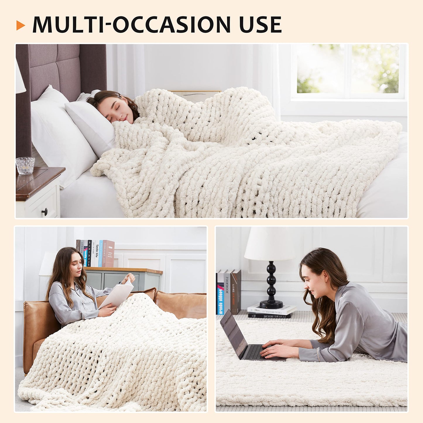 L'AGRATY Chunky Knit Blanket - Soft Chunky Throw 60x80 inches: 100% Hand Kintted Chenile Crochet Throw for Couch - Large Cable Knit Blanket for Home Decor (Ivory)