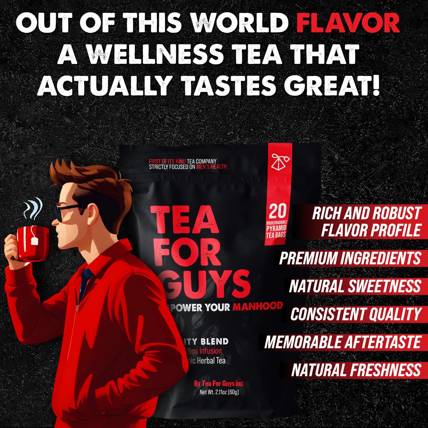 Tea For Guys: Vitality Blend – Natural Support for Testosterone, Libido, Male Fertility and overall Male Vitality | Herbal Tea for Mens Wellness – 20 Biodegradable Tea Bags