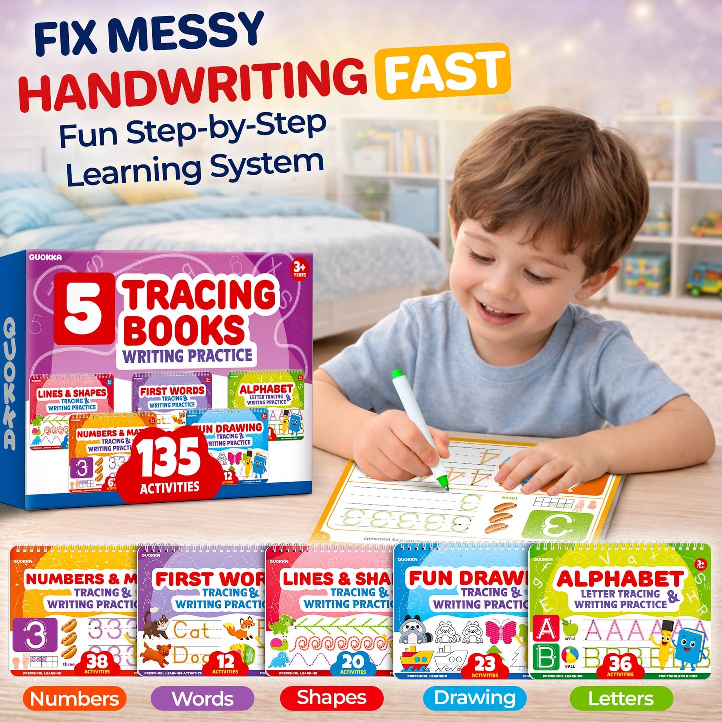 Quokka Tracing Books for Kids Ages 3-5 Set – 5 Reusable Dry Erase Activity Books for Kids Ages 3-5 Writing Practice Kit with Markers Preschool Learning Quiet Time Travel