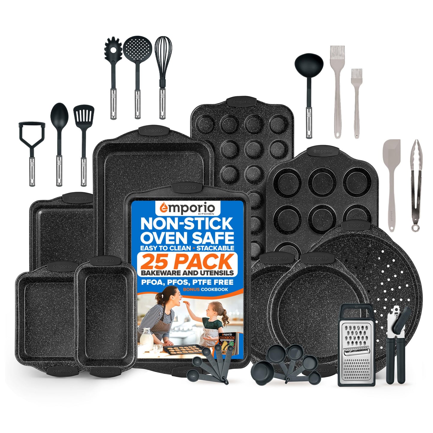 Emporio Kitchen Baking Pan Set - Nonstick Coating, Carbon Steel Bakeware Set with Gray Silicone Handles, PFOA, PFOS, PTFE Free, Recipe Booklet Included, Oven Safe Tray (Up To 450° F), Set of 25 - Gray