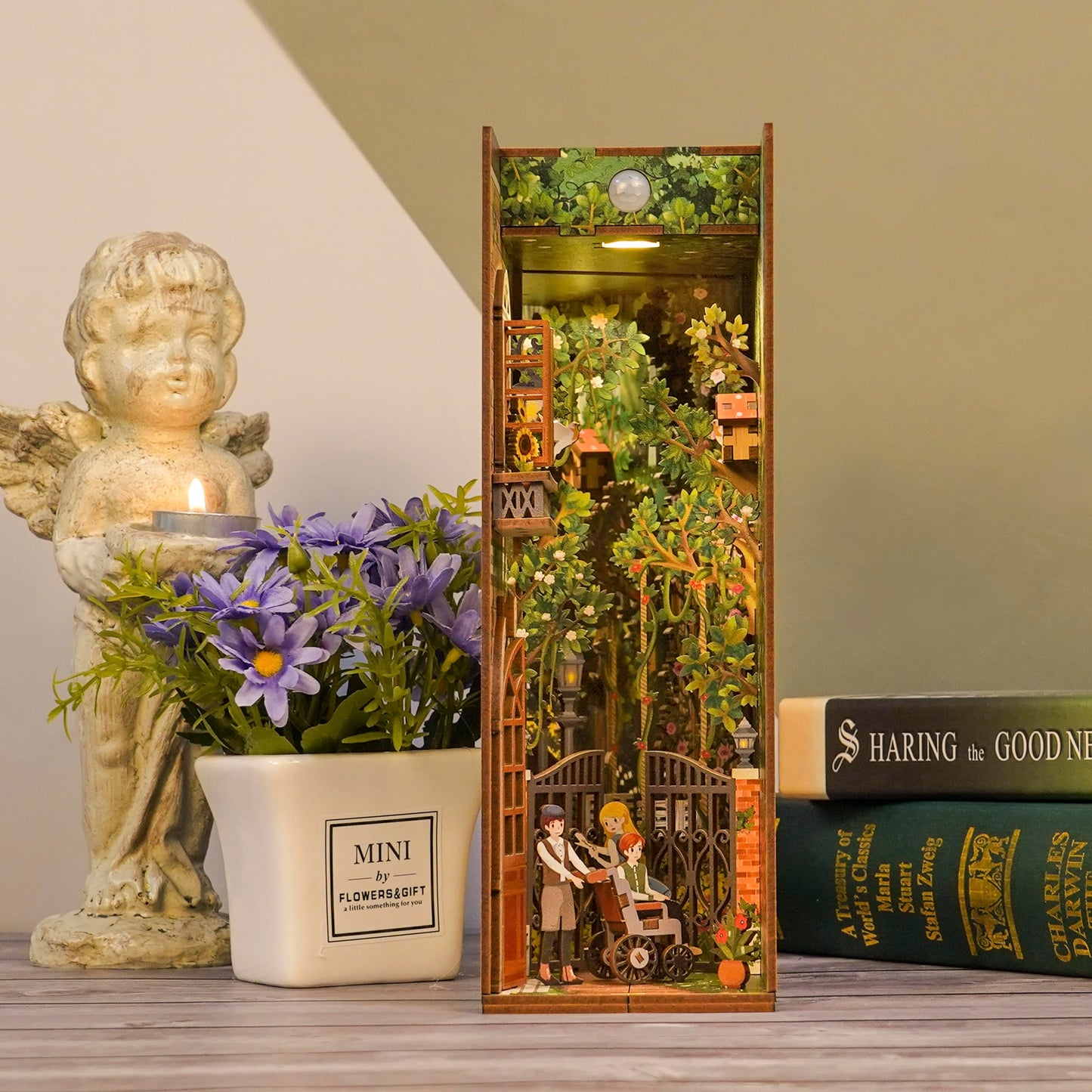 Tonecheer DIY Book Nook Kit for Adults, Booknook Wooden 3D Puzzle Bookend Garden Miniature House Kit, Fantasy Bookshelf Decor with Sensor LED Light Gifts for Birthday (The Secret Garden)