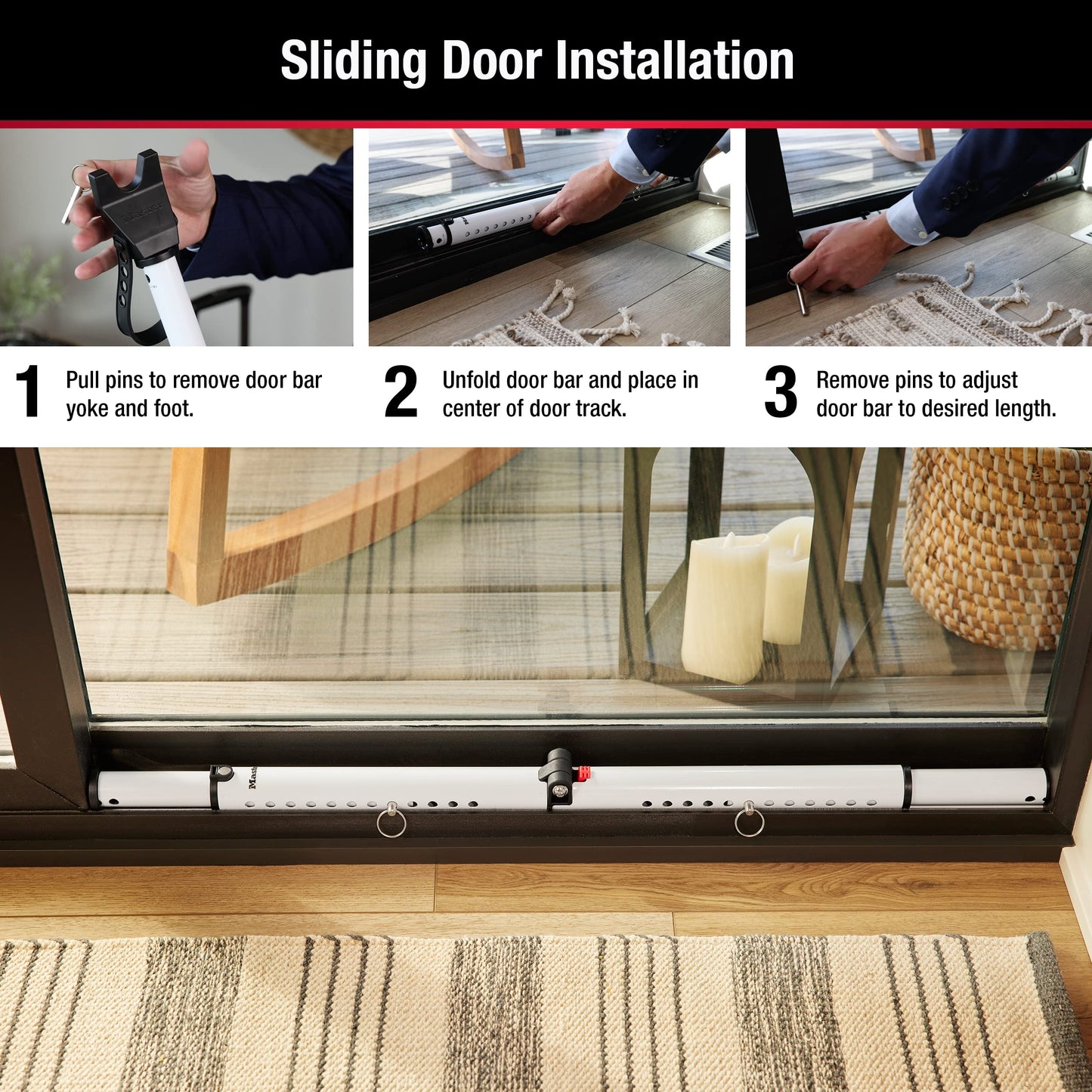 Master Lock White Compact Door Stopper Folding Security Bar, Adjustable from 25-1/2 to 43-1/2 Inches Long for Hinged and Sliding Doors, Door Barricade, Pack of 2, 270EC2