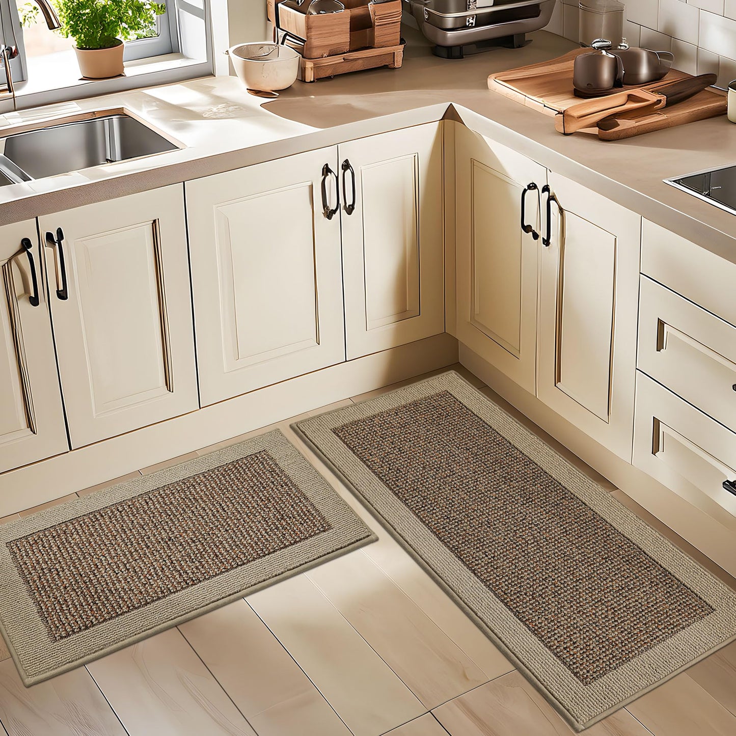 BEQHAUSE Kitchen Rugs and Mats Set of 2 Non-Slip Kitchen Mats for Floor, Absorbent and Stain Resistant Kitchen Runner, Machine Washable Rugs for Kitchen, Laundry & Sink, 20"x32"+20"x48", Taupe
